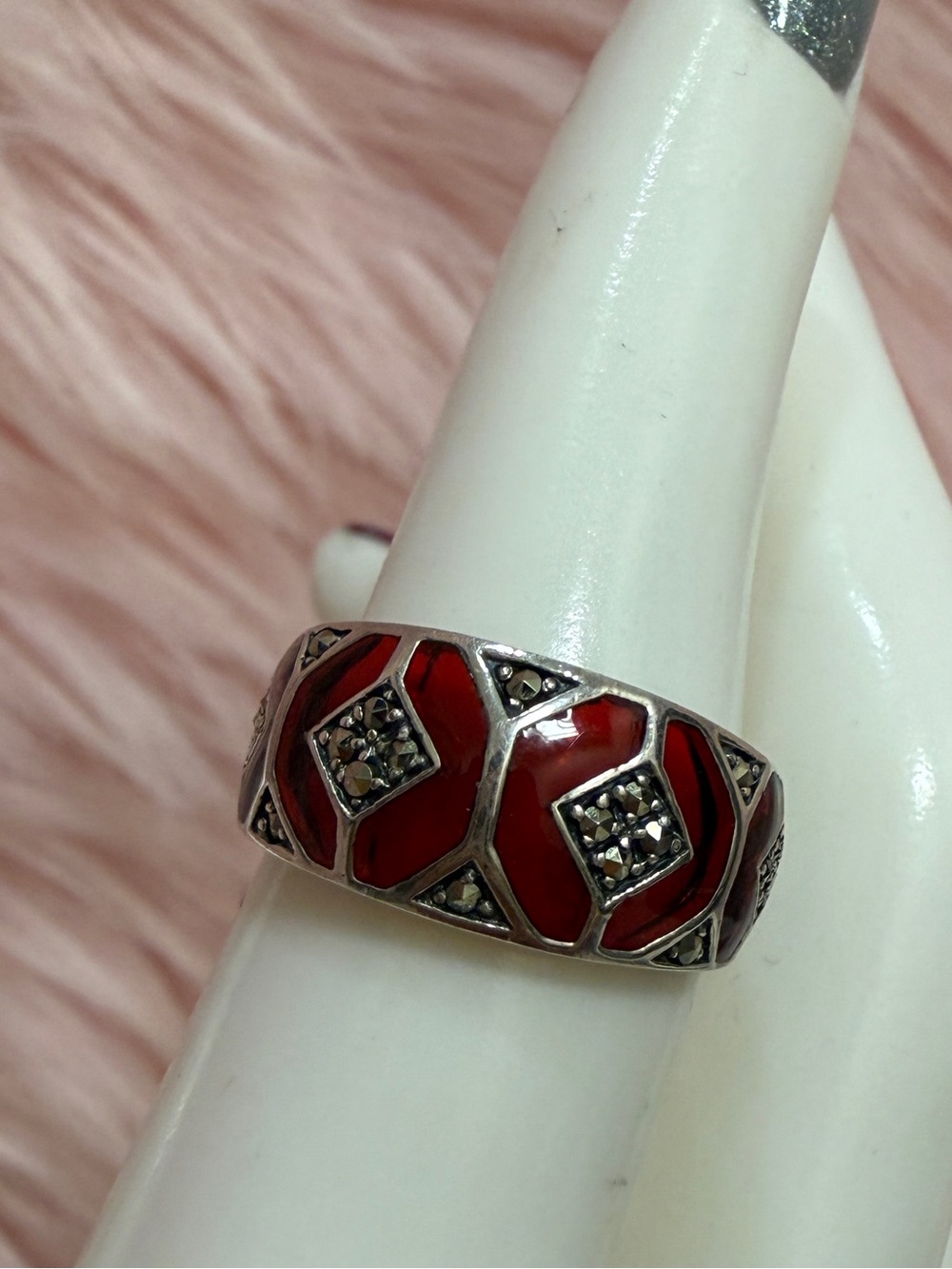 Vintage Pranda Sterling Silver and Red Marcasite Geometric Band Ring